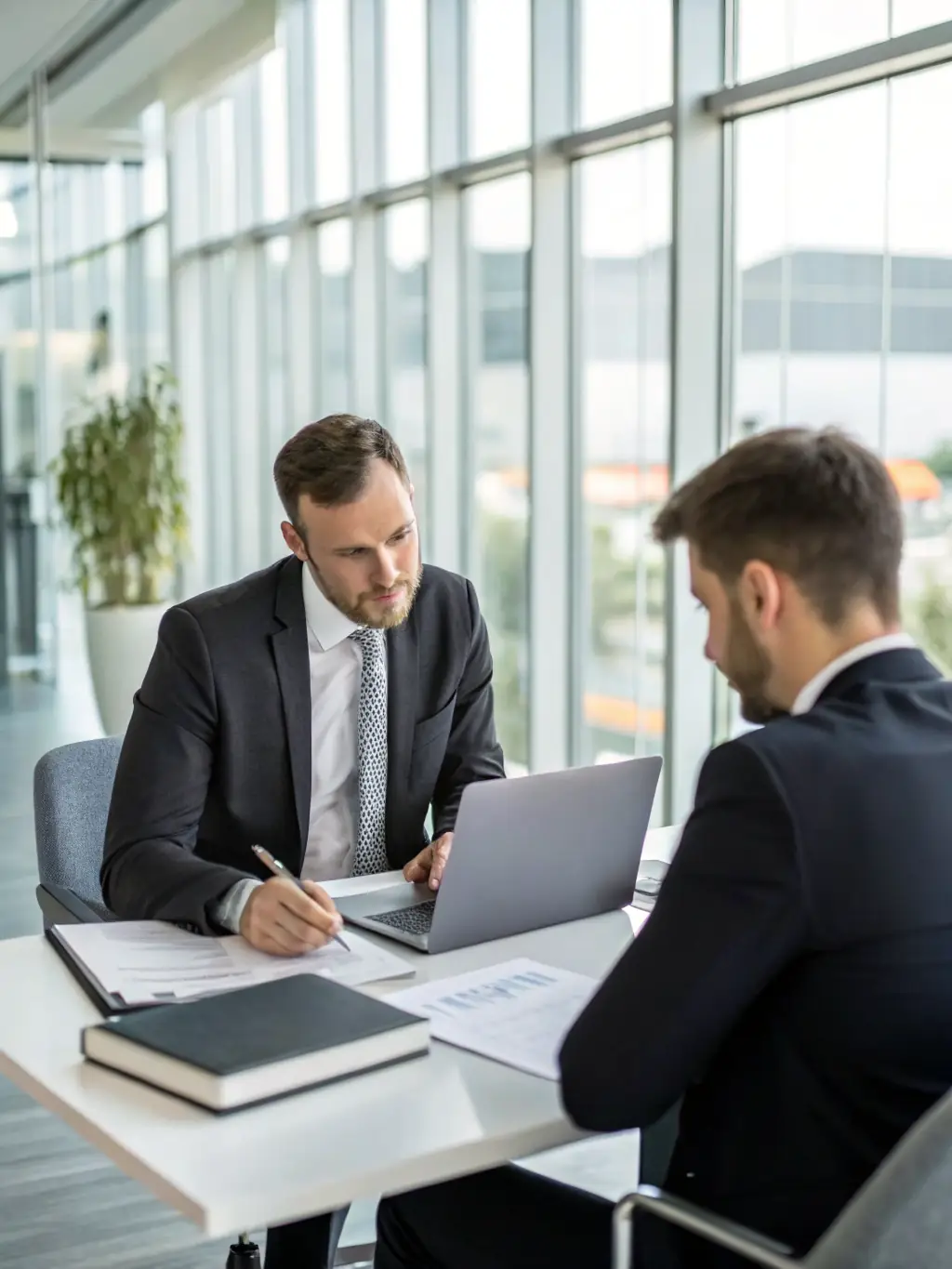 A consultant in a suit, sitting at a desk, reviewing financial documents with a client in a modern office setting, symbolizing financial consulting services.