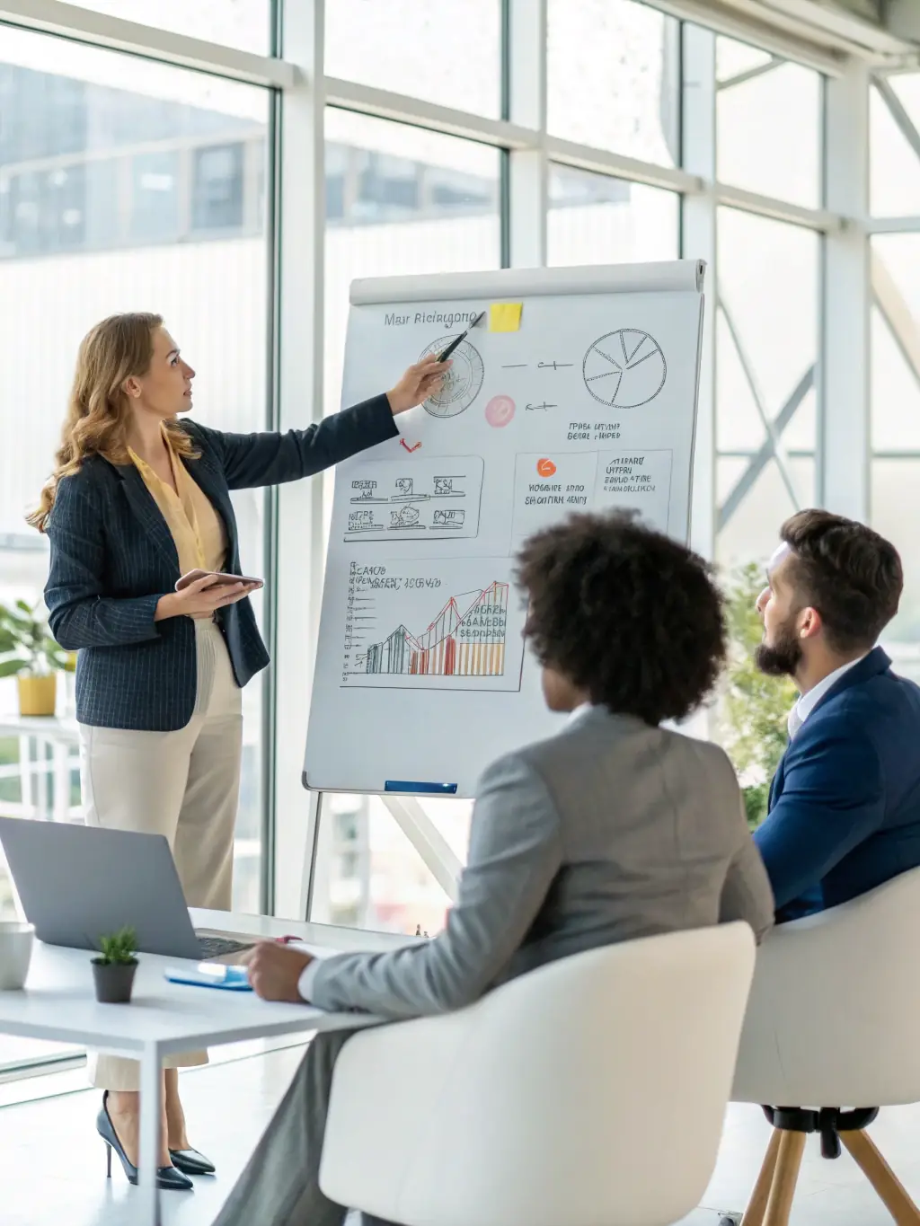 A consultant presenting data analytics and insights on a large screen to a group of executives, showcasing data-driven decision-making.