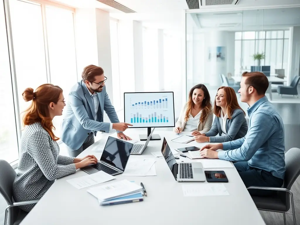 An image of a team of consultants collaborating over strategic plans in a modern office setting, symbolizing AtoZ Biz Holdings' Business Strategy Consulting service.